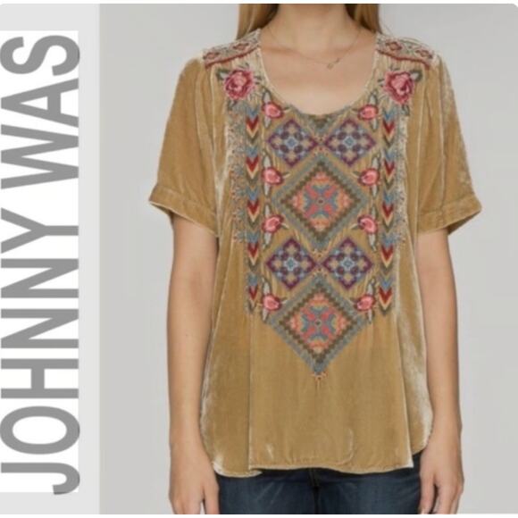 Johnny Was Tan Velour Embroidered Boho Top Multicolor Floral Pattern Tunic Top S - Picture 2 of 7